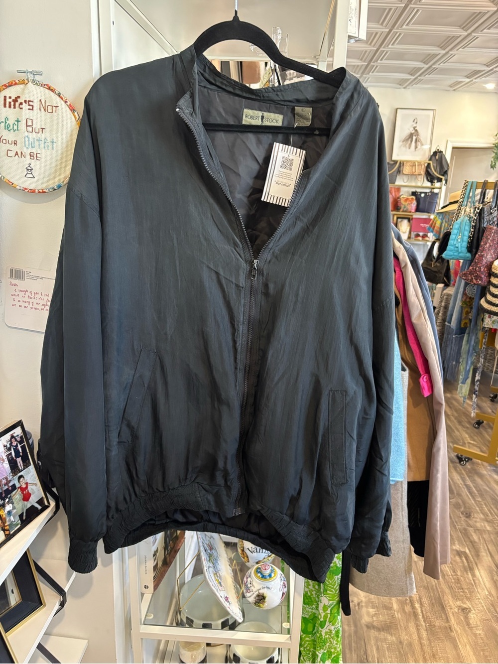 Robert Stock vintage Black Bomber Jacket with Subtle Sheen and golf print